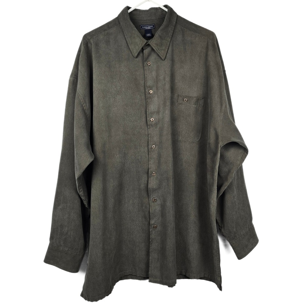 Saddlebred Tall Man 2XLT Herringbone Button Down Shirt Olive Green Long Sleeve